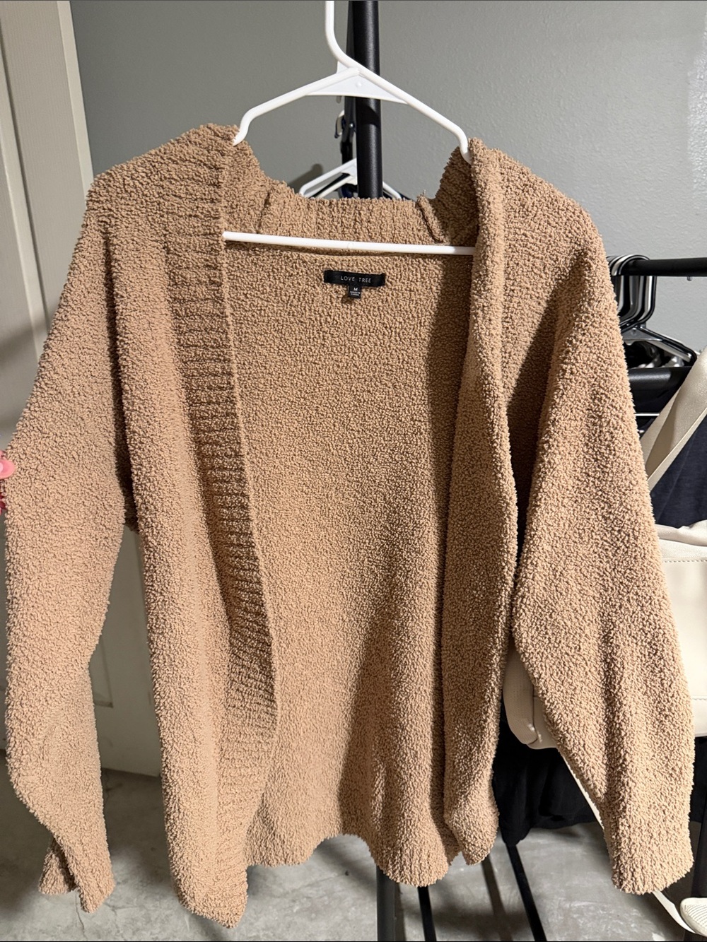 Love Tree Tan Open-Front Bouclé Cardigan